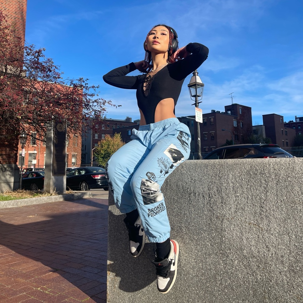 Broken Promises blue parachute sweatpants